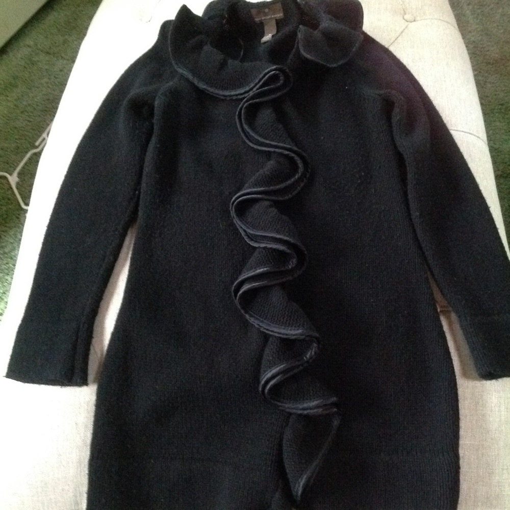 Long Wool Blend Sweater Jacket with Ruffled Front